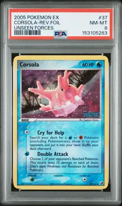 2005 POKEMON EX UNSEEN FORCES #37 CORSOLA-REVERSE FOIL PSA 8 - Image 1