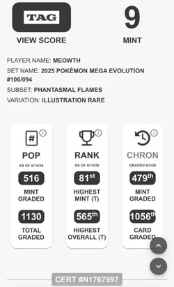 The Pokemon Company Pokemon TCG Meowth 106/094 Phantasmal Flames IR Holo TAG 9 - Image 3