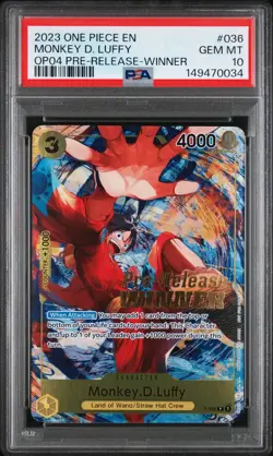 2023 One Piece EN OP04 Pre Release Winner Monkey D Luffy #036 PSA 10 GEM MINT - Image 1
