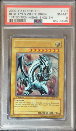 PSA 8 YU-GI-OH! Blue-Eyes White Dragon LOB-001 1st Edition Asian English Yugioh - Image 1