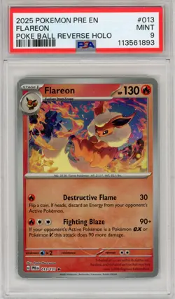 2025 POKEMON PRE EN-PRISMATIC EVOLUTIONS POKE BALL REVERSE HOLO FLAREON PSA 9 - Image 1