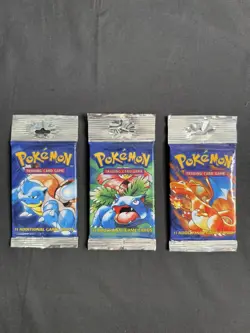 1999 Base Set Pokemon long crimp packs, Full art set, (Factory Sealed) 3 pack - Image 1