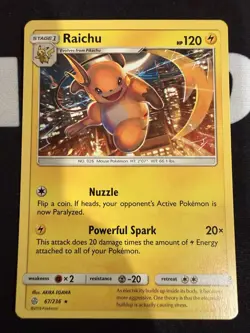 Pokemon Card Raichu Rare Non Holo Sun & Moon Cosmic Eclipse 67/236 Near Mint - Image 1