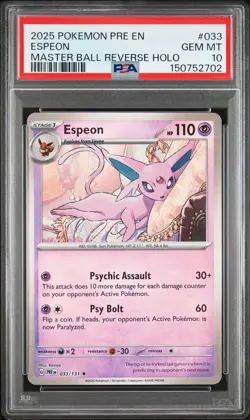 2025 POKEMON PRE EN-PRISMATIC EVOLUTIONS MASTER BALL REVERSE HOLO ESPEON PSA 10 - Image 1