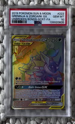 2019 POKEMON SUN & MOON UNBROKEN BONDS #222 GRENINJA & ZOROARK GX PSA 10 - Image 1