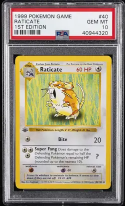 1999 POKEMON GAME 1ST ED #40 RATICATE PSA 10 - Image 1