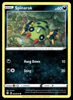 Spinarak 43/72 Pokemon Card Shining Fates Common 60 HP Lightly Played BO - Image 1