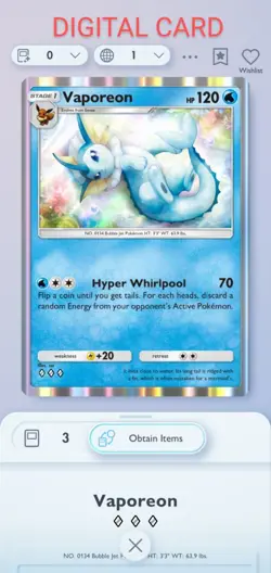 Vaporeon Pokemon Pocket Mobile Game Eevee Grove ◇◇◇ Rare Digital Card Trade - Image 1