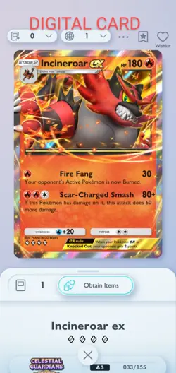 Incineroar EX Pokemon Pocket Mobile Game Celestial Guardians Set ◇◇◇◇ Rare Trade - Image 1