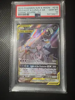 2019 POKEMON SUN & MOON COSMIC ECLIPSE #216 FULL ART/SOLGALEO & LUNALA GX PSA 10 - Image 1