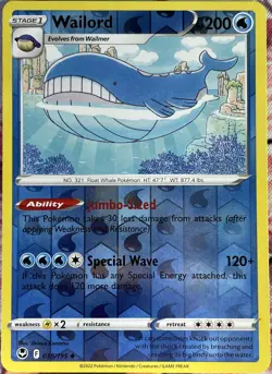 Wailord Reverse Holo - 038/195 - Silver Tempest Pokemon 2022 - Image 1