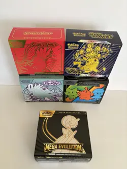 Lot of 5 EMPTY Pokemon Elite Trainer Boxes Scarlet & Violet, Mega Evolutions - Image 1