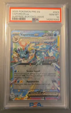 VAPOREON EX 2025 POKEMON PRISMATIC EVOLUTIONS #023/131 SURPRISE BOX PSA 10 - Image 1