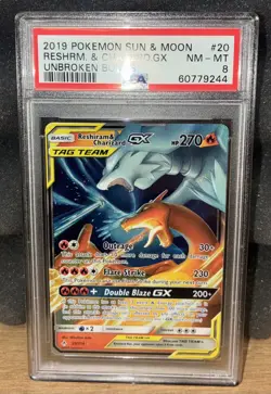 PSA 8 RESHIRAM & CHARIZARD GX 20/214 UNBROKEN BONDS POKEMON - Image 1