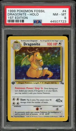 1999 Pokemon Fossil Dragonite Holo 1st Edition 4/62 PSA 8 - Image 1