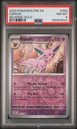 2025 POKEMON PRE EN-PRISMATIC EVOLUTIONS REVERSE HOLO #033 ESPEON PSA 8 - Image 1