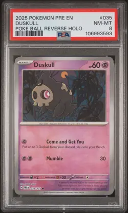 2025 POKEMON PRE EN-PRISMATIC EVOLUTIONS POKE BALL REVERSE HOLO DUSKULL PSA 8 - Image 1