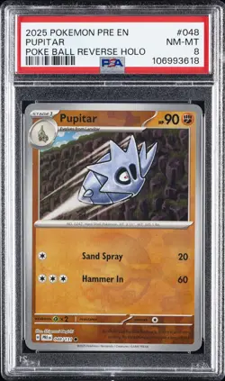 2025 POKEMON PRE EN-PRISMATIC EVOLUTIONS POKE BALL REVERSE HOLO PUPITAR PSA 8 - Image 1