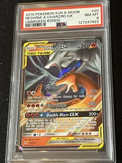 Reshiram & Charizard GX Unbroken Bonds 20/214 Pokemon Card 2019 PSA 8 Grade - Image 1