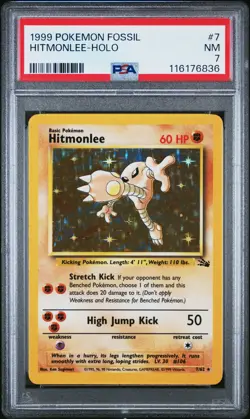 1999 POKEMON FOSSIL #7 HITMONLEE-HOLO PSA 7 - Image 1
