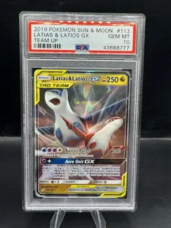 2019 POKEMON SUN & MOON TEAM UP #113 LATIAS & LATIOS GX PSA 10 - Image 1