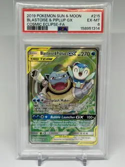 2019 POKEMON SUN & MOON COSMIC ECLIPSE #215 FULL ART/BLASTOISE & PIPLUP GX PSA 6 - Image 1