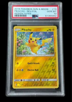 2019 POKEMON SUN & MOON HIDDEN FATES #19 PIKACHU-REVERSE FOIL PSA 10 LOW POP - Image 1