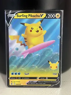Pokemon TCG Surfing Pikachu v Celebrations Holo Ultra Rare Card 008/025 - Image 1