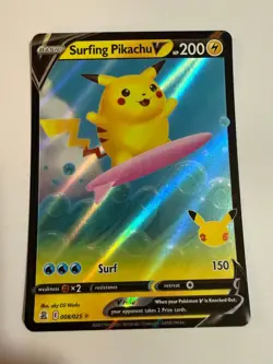 SURFING PIKACHU V 008/025 HOLO V RARE CELEBRATIONS POKEMON HOLO NM - Image 1