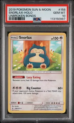 PSA 10 Pokemon Snorlax Holo Sun & Moon Unbroken Bonds 158/214 Gem Mint - Image 1