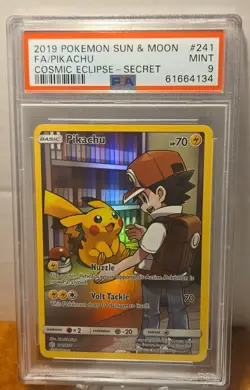 2019 POKEMON SUN & MOON COSMIC ECLIPSE SECRET #241 FULL ART/PIKACHU PSA 9 CLEAN - Image 1