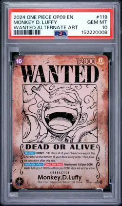 2024 One Piece Monkey D Luffy OP09 EN Wanted Alternate Art PSA 10 GEM MINT - Image 1