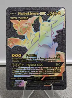 Pokemon Pikachu Zekrom GX Tag Team Black Foil Fan Art Collector Card TCG Rainbow - Image 1