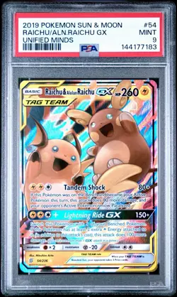 Raichu & Alolan Raichu GX Pokemon TCG Unified Minds TAG TEAM Holo 54/236 PSA 9 - Image 1