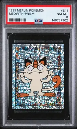 PSA 8 NM/MT 1999 MERLIN POKEMON #S11 MEOWTH-PRISM - Image 1