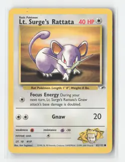 Lt. Surge's Rattata 82/132 Common Gym Heroes Pokemon Unlimited Damaged - Image 1