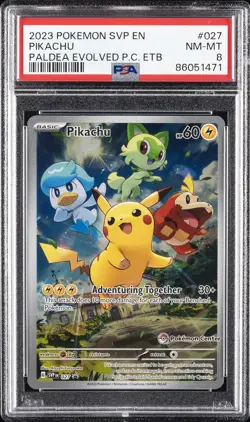 2023 POKEMON PALDEA EVOLVED POKEMON CENTER ETB PROMO SVP #027 PIKACHU PSA 8 - Image 1