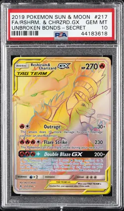 2019 POKEMON SUN & MOON UNBROKEN BONDS FULL ART/RESHIRAM & CHARIZARD GX PSA 10 - Image 1