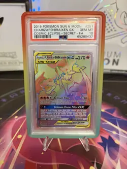 2019 POKEMON SUN & MOON COSMIC ECLIPSE FULL ART/CHARIZARD & BRAIXEN GX PSA 10 - Image 1