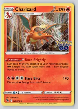 Charizard 010/078 Rare Pokemon GO Reverse Holo Near Mint - Image 1