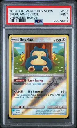 2019 POKEMON SUN & MOON UNBROKEN BONDS #158 SNORLAX-REVERSE FOIL PSA 9 - Image 1