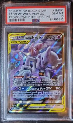 2019 Pokemon Full Art Mewtwo & Mew GX Blackstar Promo SM191 PSA 10 - Image 1
