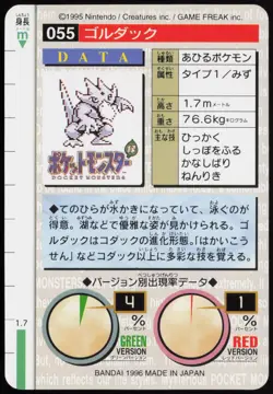 Golduck No. 055 Red Bandai Carddass Series 1-2 G 1996 Pokemon Japanese NM - Image 3