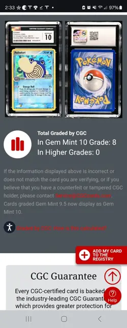 (TOP POP 8) CGC 10 GEM MINT Pokemon Poliwhirl Stamped Holo ERROR 68/115 EX 2005 - Image 4