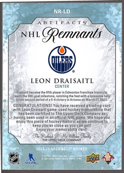 LEON DRAISAITL 2023-24 Upper Deck Artifacts NHL Remnants Game-Used Relic Oilers - Image 2