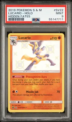 2019 POKEMON SUN & MOON HIDDEN FATES #SV22 LUCARIO-HOLO PSA 9 - Image 1