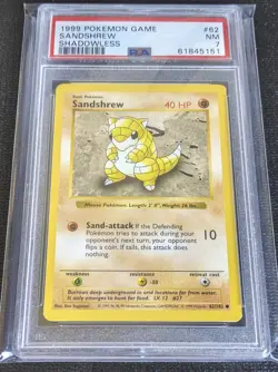 1999 POKEMON BASE SET SHADOWLESS #62 SANDSHREW PSA 7 - Image 1