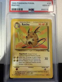 PSA 10 1999 Pokemon TCG Fossil Raichu Holo Rare 29/62 Graded Card - Image 1