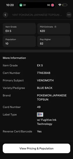 1997 Pokemon Japanese Topsun Venomoth Blue Back PSA 5 #49 - Image 3