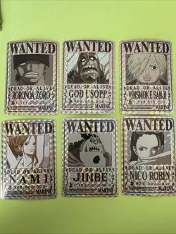 One Piece MARINE WANTED POSTER Sticker Set Of 6 ZORO, USOPP, NAMI, ROBIN, SANJI - Image 1